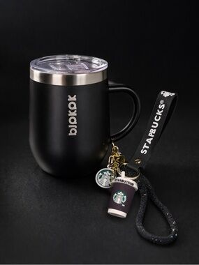 Black Stainless Steel Insulated Coffee Mug w Lid Starbucks Keychain Bundle 12oz